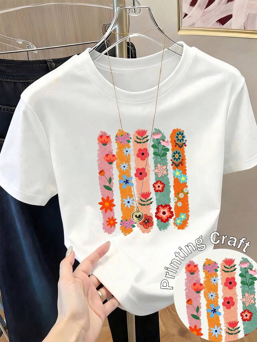 Camiseta de manga corta con estampado para mujer, ropa de primavera, atuendo para festividades, blanca para verano, look playero, estilo vacacional, estilo rural, atuendo de oficina para mujer. - Blanco - Ver 1
