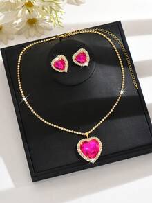 Luxury Red Heart Gemstone Jewelry Set, Versatile Clavicle Chain, Bridal Wedding Dress Accessory - 1808 Rose Red - HB - View 6