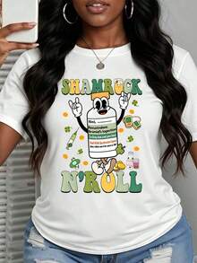 Women's Funny Round Neck Printed Short Sleeve Shamrock N Roll Medication Bottle Cartoon Design 100 Pure Cotton Casual T -Shirt For St Patricks Day Party Festival Gift Choiceplayeras De Mujer - 白色 - 查看 7