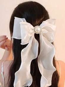 Kẹp tóc nơ lớn màu trắng bằng voan, kẹp tóc nơ đính ngọc trai và đá quý sang trọng với đuôi dài, phụ kiện tóc ruy băng kiểu Pháp phù hợp cho đám cưới, tiệc tùng, sử dụng hàng ngày, trang trí tóc mùa hè. - Màu trắng (phiên bản ngọc trai) - Xem 2