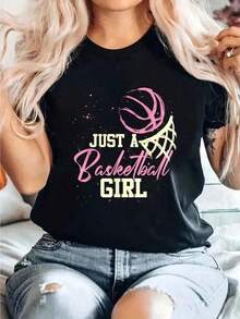 Algodón Camiseta De Baloncesto Para Mujer, Con Estampado De Just A Basketball Girl, Cuello Redondo, Manga Corta, Cómoda, Informal, Para Primavera Y Verano, % Algodón. Blusas Para Mujer Camisa - Negro - Ver 7