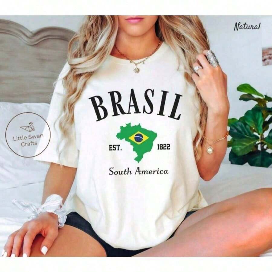 Brazil Shirt, Brazilian Flag T-Shirt,Oversized Short Sleeve Classic Heavy Cotton T Shirt Printed Graphic Tee Women's Casual Short-Sleeved Topplayeras de mujer - Blanco - Ver 1