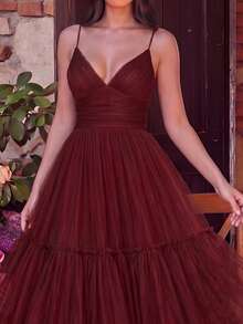 Faeriesty Elegant Layered Mesh Ruffle Hem Dress, Spaghetti Strap V-Neck, Graceful Spring/Summer Wear Suitable For Wedding Guests, Formal Events, Prom, Bridesmaids, Dates - 酒紅色 - 查看 5