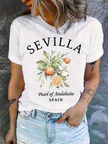 Camisetas Casuales para Mujer, Camiseta Souvenir de Sevilla - Cuello Redondo Casual con Estampado Geométrico Naranja, Tela de Elasticidad Media - Ropa de Verano, Camiseta para Mujer, Estilo Y2K, Camisetas de Moda de Verano, Conjuntos y Tops Casuales de Streetwear - Blanco - Ver 6