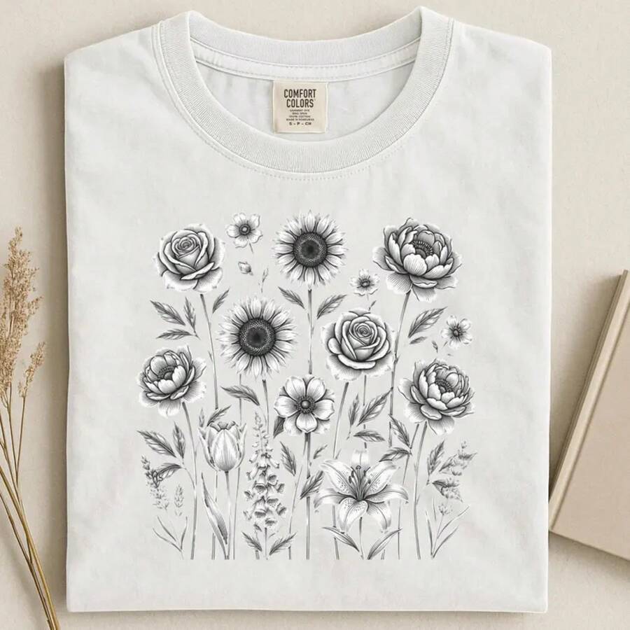 Camisa Vintage con Flores Prensadas, Camisa Boho Cottagecore, Camiseta Floral Botánica, Camisa de Flores Silvestres, Regalo para Jardinero, Camisa Floral - Blanco - Ver 1