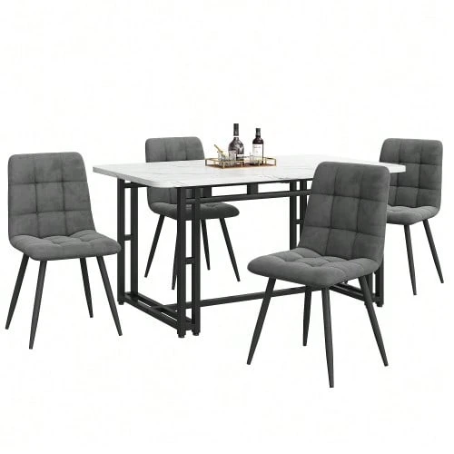 Black Dining Table 140 X 80 Cm With 4 Matching Chairs, Modern Kitchen Table And Chair Set, Dark Grey Velvet Chairs, Table With Black Iron Legs - Grey - View 1