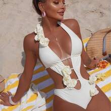 Bañador Sexy para Mujer de Una Pieza con Flores 3D, Diseño Cut-Out y Color Sólido – Estilo Moda - Traje de baño negro 9354 - Ver 4