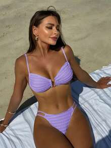 Bikini Sexy de Dos Piezas con Espalda Descubierta, Cordones Ajustables y Tela Texturizada - Blanco - Ver 8