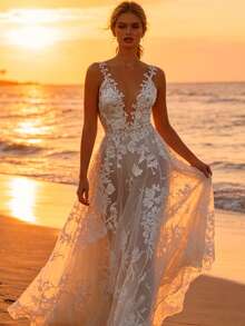 Elegant A-Line Lace Embroidered Backless Long Bridal Gown With Deep V-Neck, Romantic Sleeveless Wedding Dress For A Stunning Ceremony - White - View 4