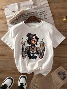 Una camiseta casual de manga corta con un vibrante diseño de tatuaje gótico, perfecta para la primavera y el verano, diseñada específicamente para mujeres. - Blanco - Ver 8