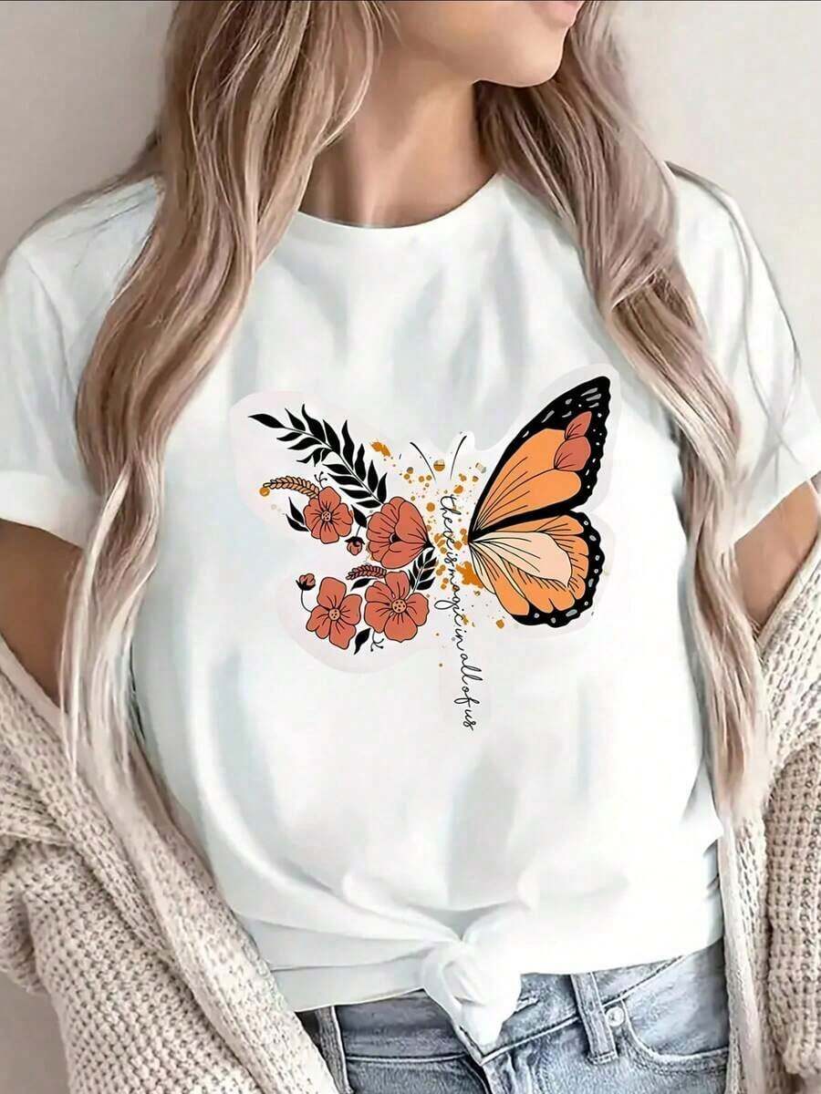 Camiseta Gráfica Vintage de Moda con Estampado de Letras y Dibujos Animados para Mujer, Cuello Redondo, Shir-111 (2) - Blanco 3 - Ver 1