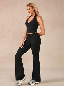 NcmRyu Women's One Set Solid Color Lace Trim V-Neck Halter Backless Vest & Ruched Flare Pants Sports Suit - Black - View 10