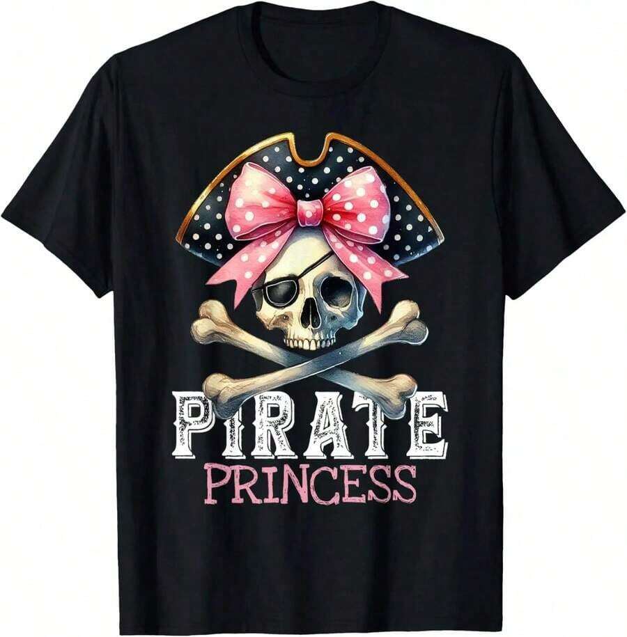 Camiseta 100% Algodón con Diseño Divertido de Pirata, Princesa y Coqueta para Halloween, Camiseta Gráfica para Niñas, Mujeres y Hombres, Cuello Redondo, Estilo Clásico, Moda de Verano, Tops para Vacaciones - Negro - Ver 1