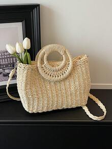 Women's Straw Tassel Drawstring Tote Bag, Suitable For Daily Use - Beige - View 13