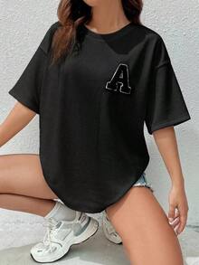 Drop-Sleeve T-Shirt With Summer Letter Patch - Pure-Cotton - Black - View 7