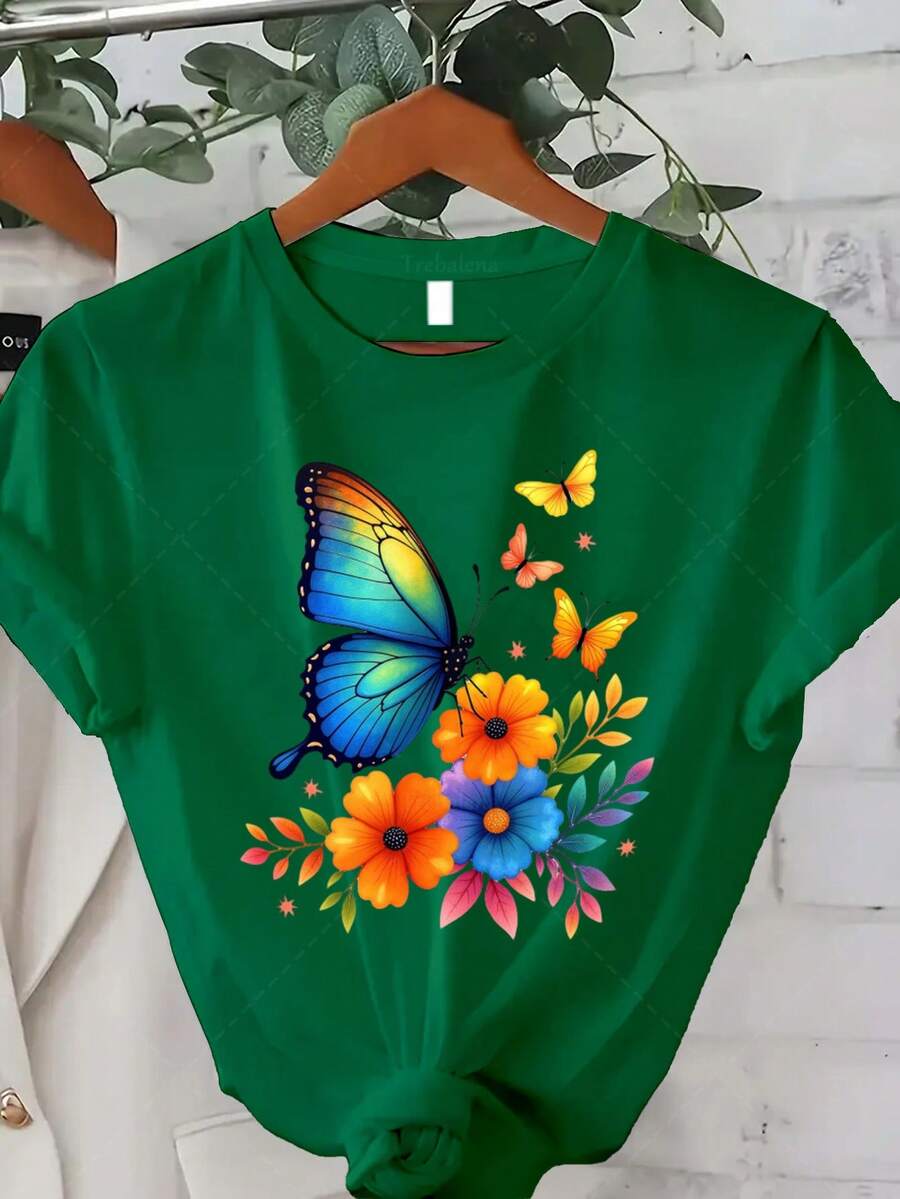 Plus Size - Plus Size - This Colorful Butterfly And Flower Print T-Shirt, Suitable For Plus-Size Women, Is The Perfect Choice For Casual Summer Fashion. This Short-Sleeved, Crew-Neck T-Shirt Is Perfect For Summer And Fall, Making It An Excellent Gift For Thanksgiving And Christmas. Cool Summer T-Shirt For Women - 綠色 - 查看 1