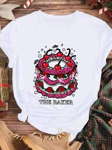 Elegante y casual para mujer, manga corta, camiseta casual para mujer con estampado de pastel de cumpleaños con cerezas y rosas, ropa de verano blanca para fiestas y uso diario. - Blanco - Ver 3