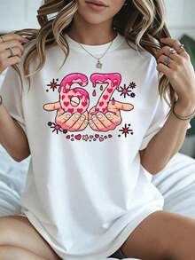 Elegant And Casual Women's Short-Sleeved Cute Valentine's Day T-Shirt, Number 67 In Candy Pink With Heart And Star Print, White Casual Wear For Spring And Summer. - 白色 - 查看 8
