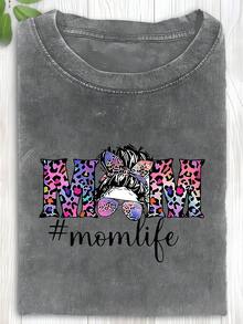 1 pieza de camiseta de algodón lavado con estampado de leopardo a la moda para madres, camiseta de marca de moda vintage de algodón batik de alta calidad, camiseta para mujer, popular para uso diario, regalo para días festivos, regalo perfecto, 180g 100% algodón. - Gris Oscuro - Ver 1