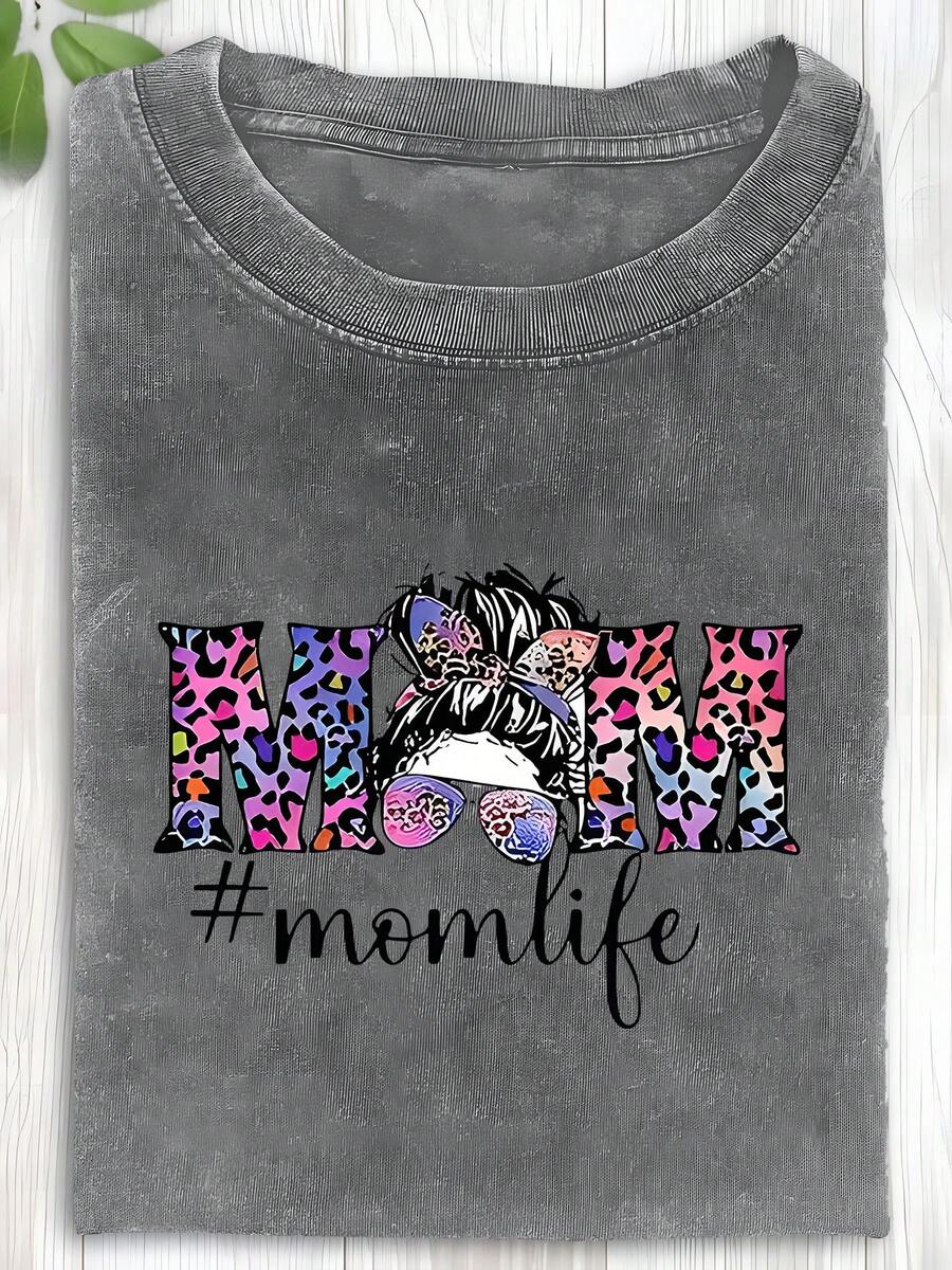1 pieza de camiseta de algodón lavado con estampado de leopardo a la moda para madres, camiseta de marca de moda vintage de algodón batik de alta calidad, camiseta para mujer, popular para uso diario, regalo para días festivos, regalo perfecto, 180g 100% algodón. - Gris Oscuro - Ver 1