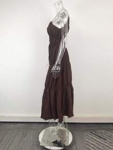 Vestido mujer primavera nuevo liso pliegues corte ajustado elegante estilo oficina moda europea chic - Marrón - Ver 7