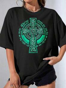 Camisetas de Mujer, Manga Corta Casual para Fiesta, Camiseta con Cruz Celta Blanca, Gráfico Religioso Cristiano con Mensaje 'Cristo Arriba de Mí, Cristo A Mi Derecha, Cristo Debajo de Mí', para Uso Casual, Ropa de Iglesia, Ropa Inspirada en la Fe, 180g - Negro - Ver 7