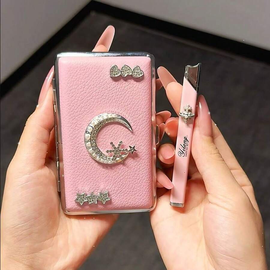 Lighter And Cigarette Case Set, Easy To Carry, Finely Crafted, A Smoking Accessory/Good Gift For Friends - Pink - View 1