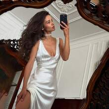 Elegant Sleeveless Dress With V-Neck, Open Back, Lace Detail, And Satin Texture - New - Pearl White - View 7
