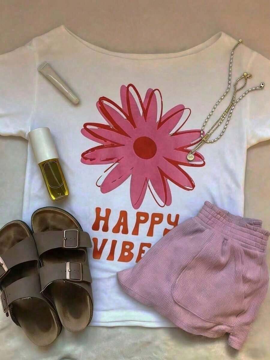 Camiseta Casual Minimalista para Mujer con Estampado de Letras, Cuello Redondo, Manga Corta, Versátil - Estilo Vintage Urbano, Unisex, de Algodón, Corte Holgado, Cuello Redondo, Blusas para Mujer. blusas.blusas casuales para dama. - Blanco 2 - Ver 1