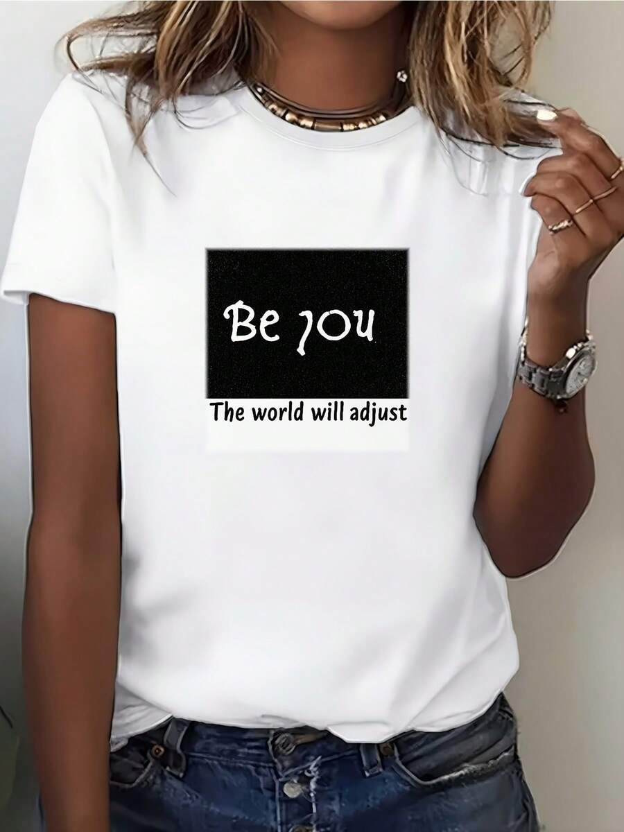 Camiseta ModaModaBe YOU para Mujer - Camiseta Ajustable con Frases Mundiales para Verano, Regalo Perfecto para el Día de la Independencia, Salidas Familiares y Eventos Corporativos - Camiseta Suave de 180g para Mujer - Blanco - Ver 1
