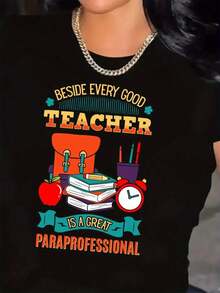 ModaModaPlus Size - Camiseta de Agradecimiento para Maestros de Talla Grande - Camiseta con Gráficos y Íconos con la Frase "Junto a cada buen maestro hay un gran asistente" - Camiseta Transpirable con Cuello Redondo para Educadores - Camiseta Casual de Corte Holgado - Lavable a Máquina, Idea de Regalo para Maestros, Camisetas para Maestros, Ropa para Personal, Diseño Divertido, Tela Cómoda, Ropa para Personal, Ilustraciones Coloridas, Material Duradero, Personal de Apoyo. - Negro - Ver 1