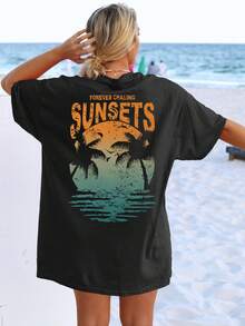 Vestido Camiseta Reversible con Estampado de Atardecer y Letras - Suave, Cuello Redondo, Manga Corta - Moda Casual para Mujer para Todas las Temporadas. Camiseta fresca de verano, estilo unisex. - Negro - Ver 4