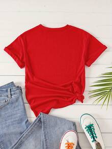 Camiseta de manga corta para mujer, estilo nuevo de primavera y verano, con estampados de personajes y letras en inglés, camiseta casual personalizada. - Rojo - Ver 3