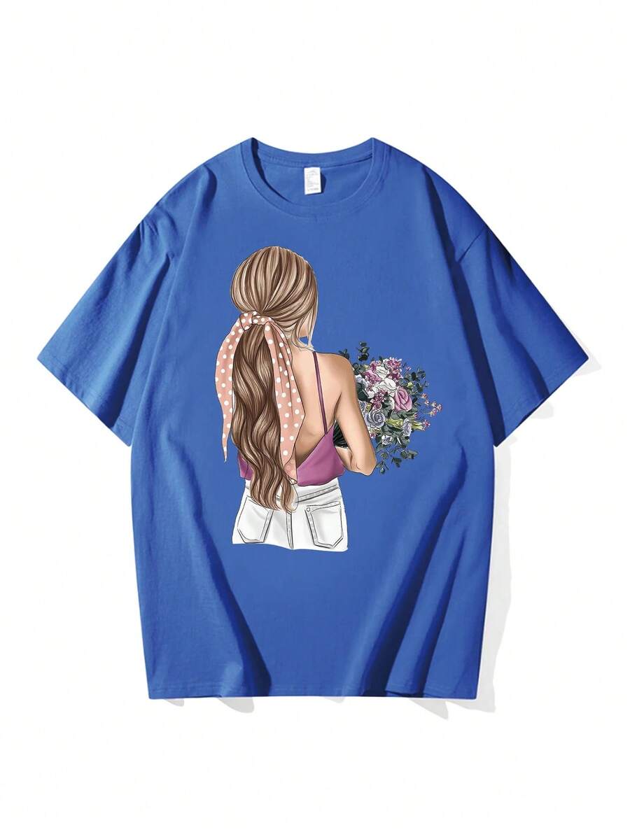 1 pieza de camiseta casual de moda para hombres y mujeres, con estampado y cuello redondo, para chicas, camiseta casual de manga corta para primavera y verano, ropa de mujer. Versátil, fácil de combinar, para uso diario, estilo urbano, ropa de vacaciones, ropa de fin de semana. - Azul - Ver 1