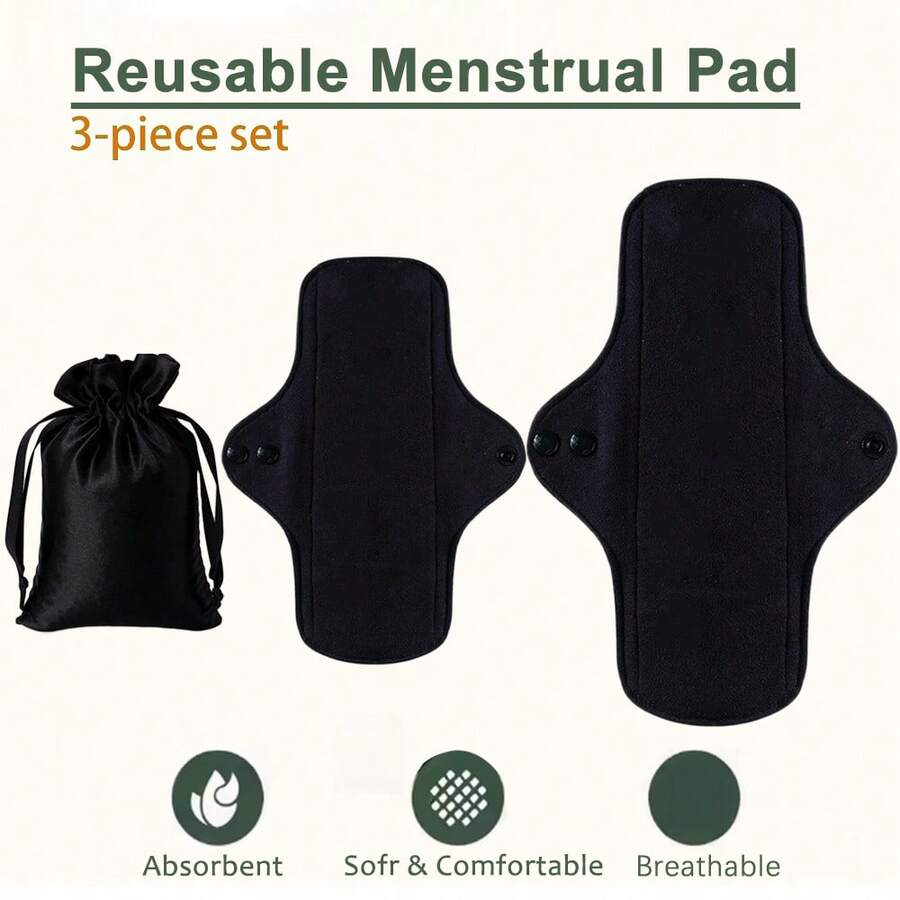 3pcs Reusable Women's Menstrual Pads, Washable Sanitary Napkins, Daily Care Pads, Black Pure Cotton