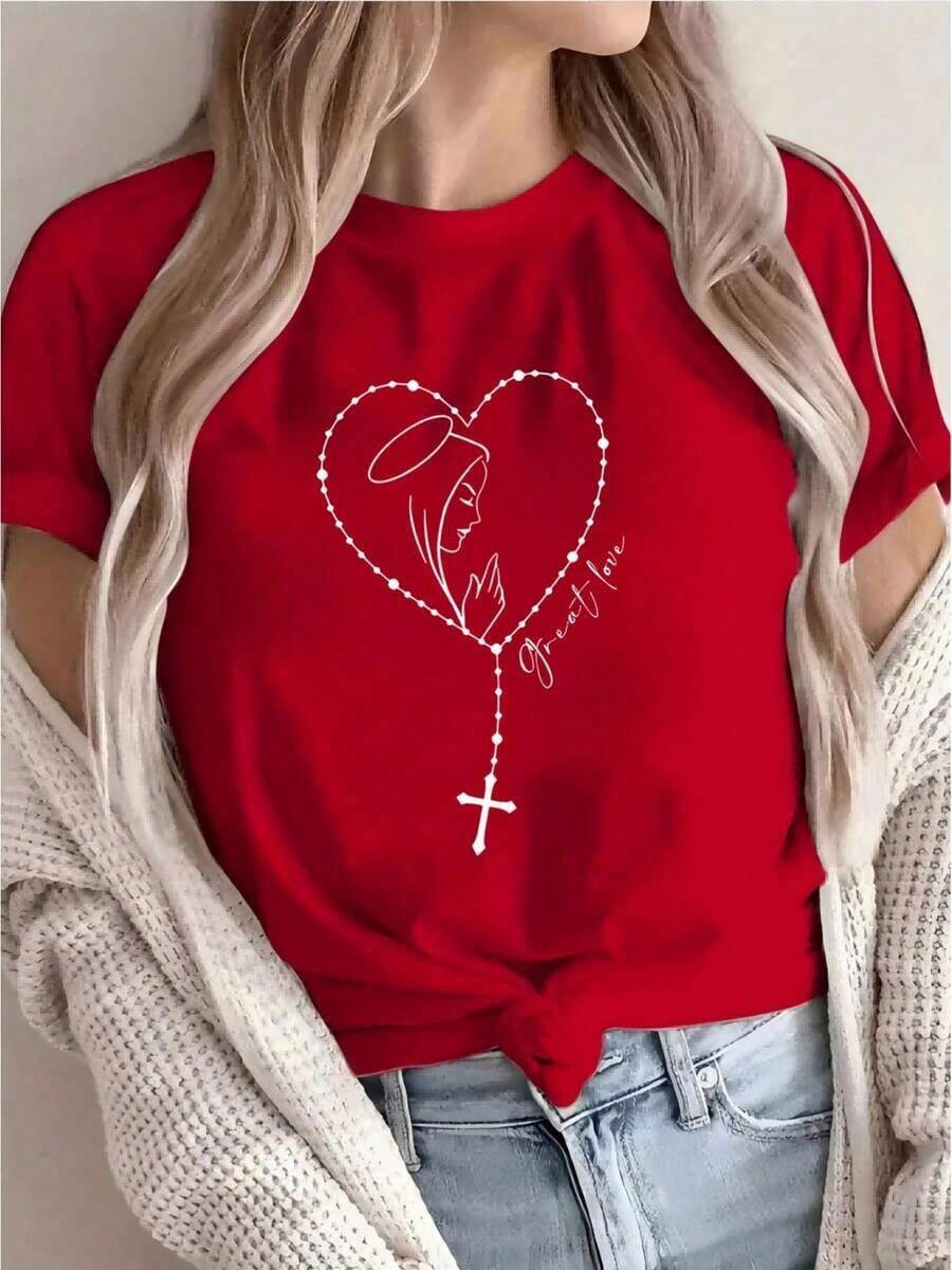 1 Piece Fashion Casual For Men And WomenCamiseta Casual Roja para Mujeres con Gráfico de Corazón y Cruz - Diseño "Oh Dios Mío", Manga Corta, Cuello Redondo, Algodón Ligero, Perfecta para Primavera y Otoño, Ropa Casual | Top con motivo de corazón | Camiseta ligera, top unisex para el verano, versátil, fácil de combinar, adecuada para uso diario, estilo urbano, conjuntos de vacaciones, conjuntos de fin de semana. - Rojo - Ver 1