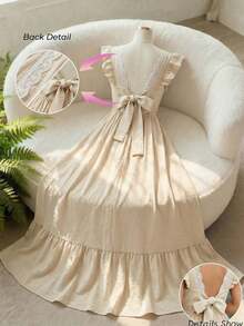 Vestido largo elegante de mujer con cintura fruncida y volantes, vestido de verano para vacaciones, vestido para citas - Albaricoque - Ver 1