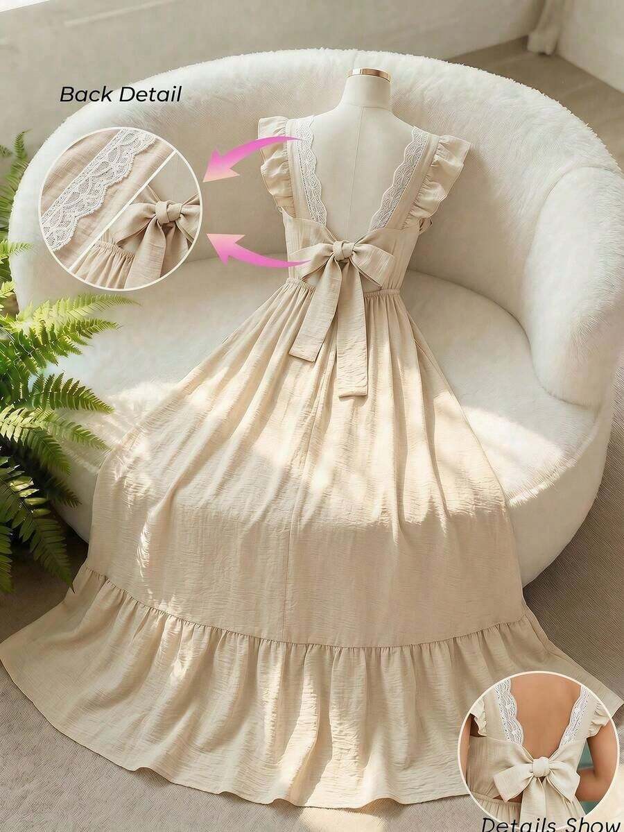 Vestido largo elegante de mujer con cintura fruncida y volantes, vestido de verano para vacaciones, vestido para citas - Albaricoque - Ver 1