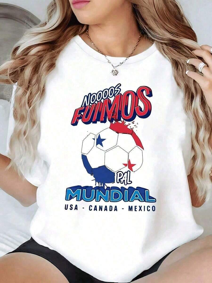 Balón con banderas de Panamá y colores de USA Canadá y México que simboliza emoción y unión hacia el mundial camiseta para mujer 100% algodón cómoda y moderna - Blanco - Ver 1