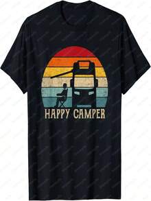 Camiseta unisex de camping Happy Camper RV, estilo retro de los a?os 70 y 80, ideal para el verano. - Negro - Ver 1