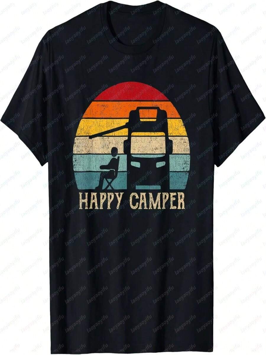 Camiseta unisex de camping Happy Camper RV, estilo retro de los a?os 70 y 80, ideal para el verano. - Negro - Ver 1