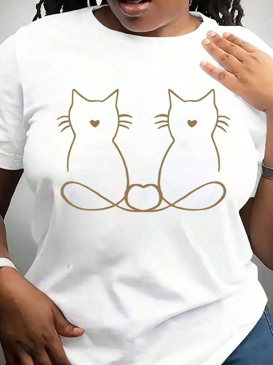 Camiseta Vintage con Estampado de Gato para Mujer - Linda Camiseta de Manga Corta con Cuello Redondo, Adecuada para Ropa Casual y Deportiva, Perfecta para Primavera, Verano, Otoño e Invierno - Blanco - Ver 1
