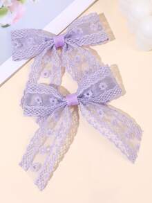 2件組紫色花卉刺繡蕾絲蝴蝶結長尾髮夾，春夏森林風甜美女孩與青少年髮飾 - 紫色 - 查看 7