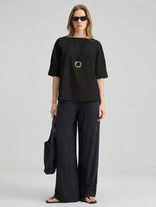 2026SS Nueva blusa de mujer, atuendo de vuelta al colegio, estilo campestre, casual de oficina, cita nocturna, aeropuerto, uso de fiesta, unicolor de verano con hombros descubiertos y manga corta, tela tejida, adecuada para el Día de San Valentín, t - Negro - Ver 3