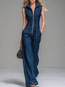 Women's Denim Sleeveless Zipper Front Jumpsuit, High Neck Wide Leg Jumpsuit With Contrast Stitching, Casual Streetwear Outfit - màu đen - Xem 7