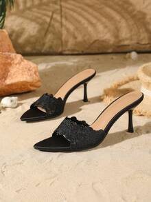 Black Mesh Open Toe Pointed Toe Stiletto High Heel Slide Sandals Women's Formal Sandals - Black - View 6