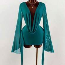 Romantic Vacation Earthy Tone Low-Cut Draping Collar, Flared Sleeves, Bodycon Mini Dress - Multicolor - Ver 1