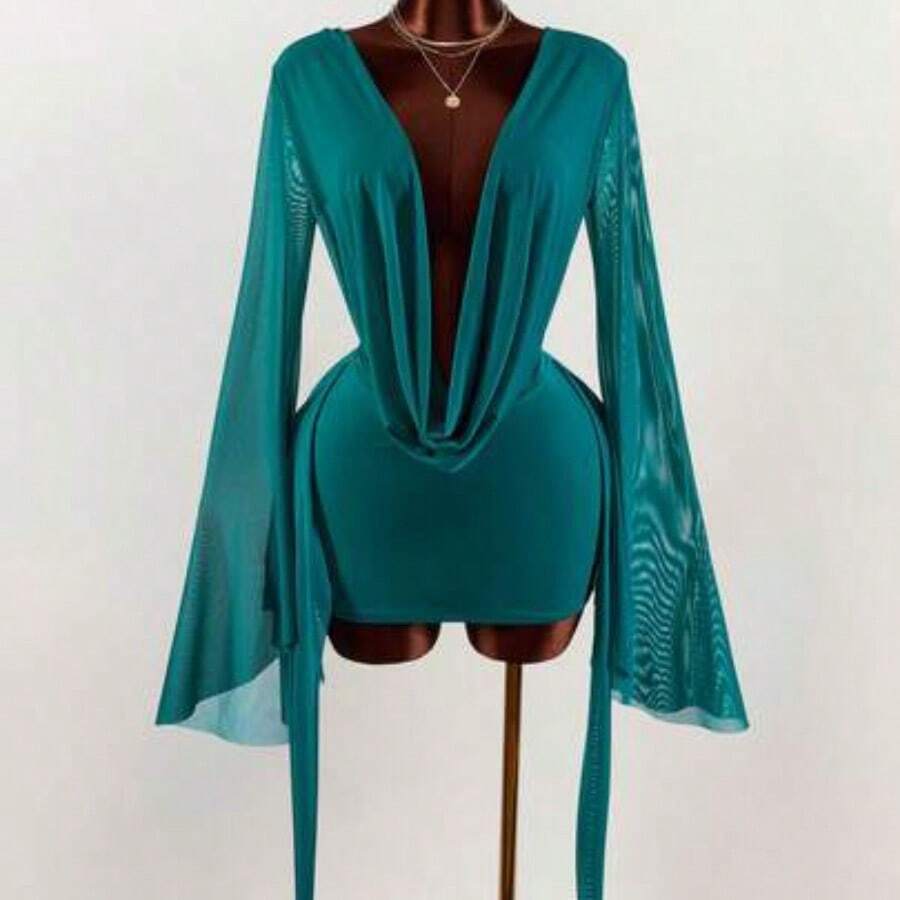 Romantic Vacation Earthy Tone Low-Cut Draping Collar, Flared Sleeves, Bodycon Mini Dress - Multicolor - Ver 1