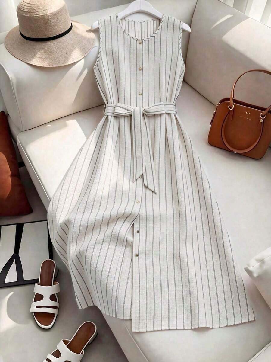 Vestido estilo francés de media pierna sin mangas de alta gama color naranja para mujer - Multicolor - Ver 1