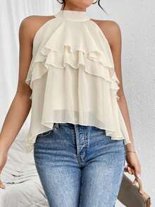 Blusa de gasa con volantes asimétricos y cuello suelto - Beis - Ver 6